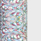 A close-up of patterned paper with an intricate swirling marbled design in white, blue, green, and burgundy.