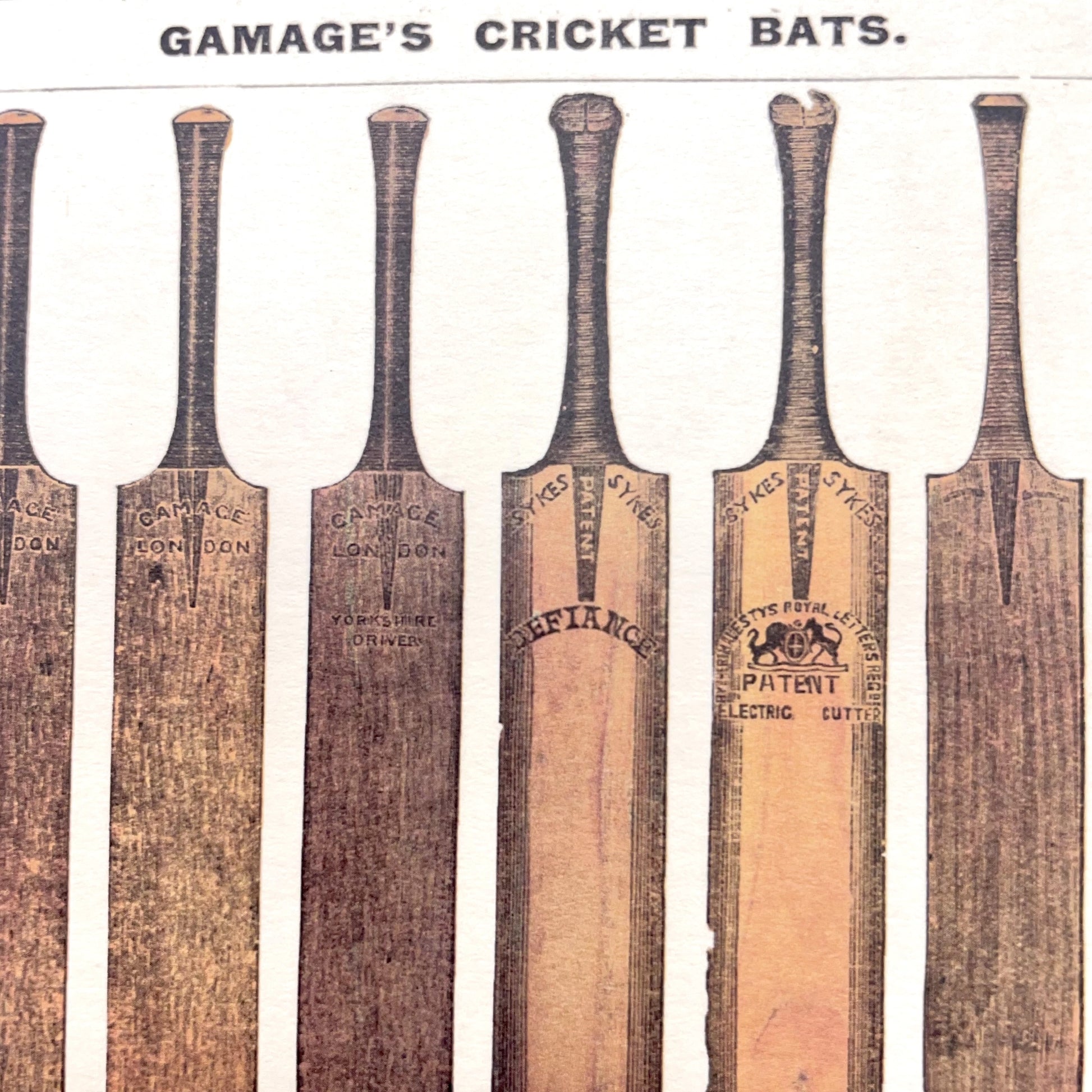 A greetings card with images of cricket bats adapted from a vintage catalogue. by The Pattern Book. Close-up