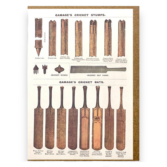 A greetings card with images of cricket bats adapted from a vintage catalogue.  by The Pattern Book