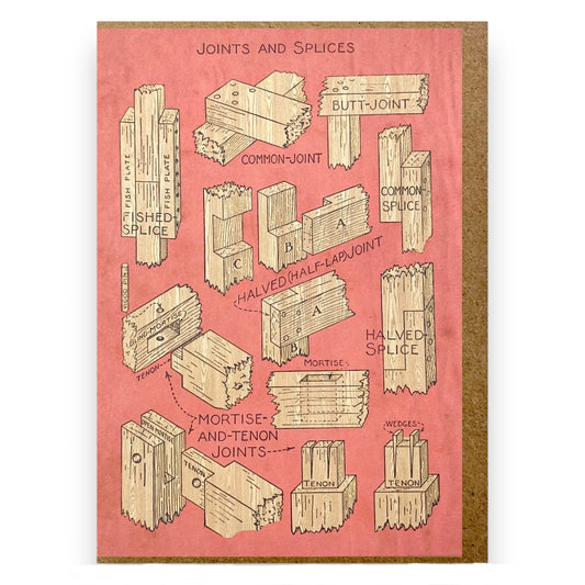 A greetings card by The Pattern book with an image of different shapes of joints and splices used in woodworking