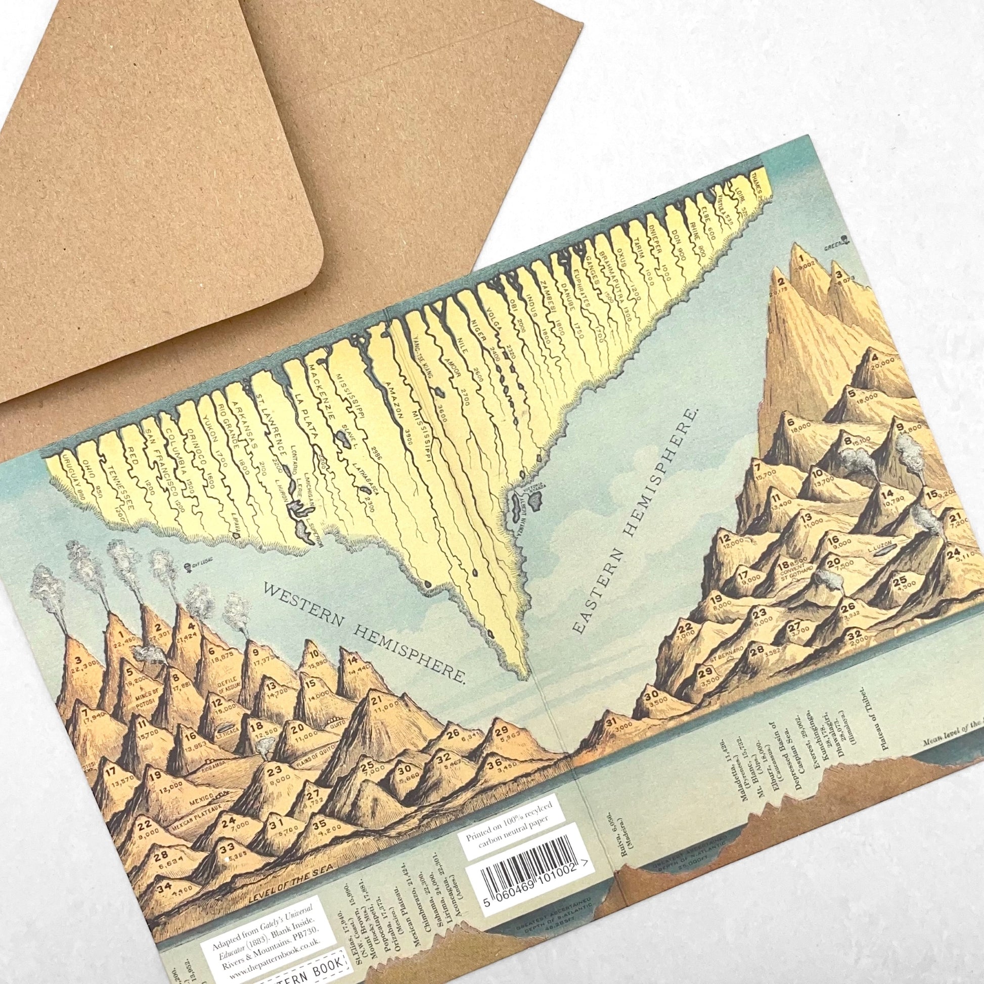 Greetings card by The Pattern Book. The front of this card has a drawing of the rivers and mountains of the Eastern hemisphere. The reverse depicts those of the Western hemisphere. With Envelope