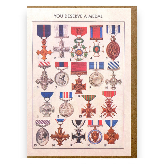 Greetings card by The Pattern Book. You Deserve A Medal card pictures 19 different medals.