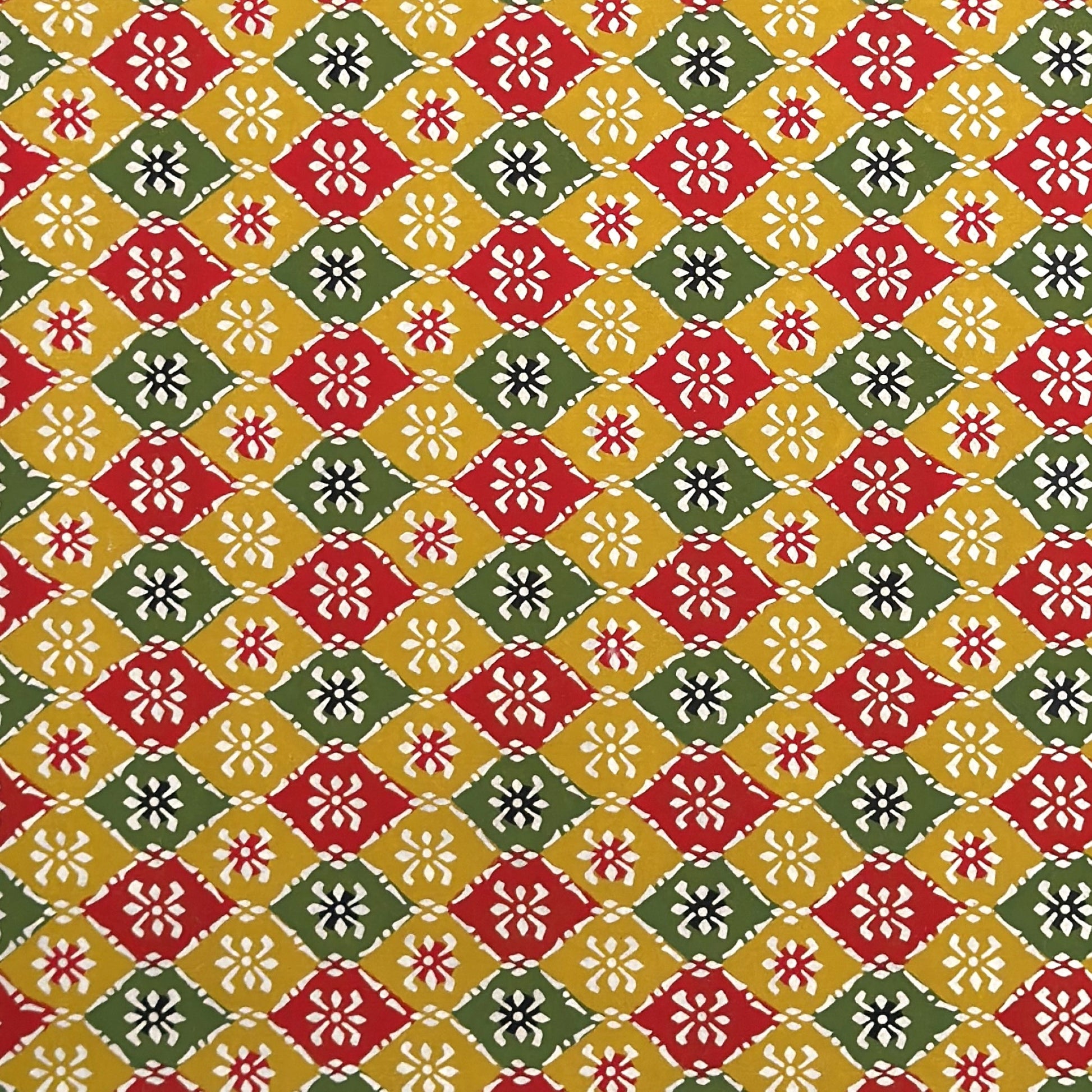 vintage katazome-shi stencil-dyed small papers from Japan. Japanese check pattern in mustard, red and green. 