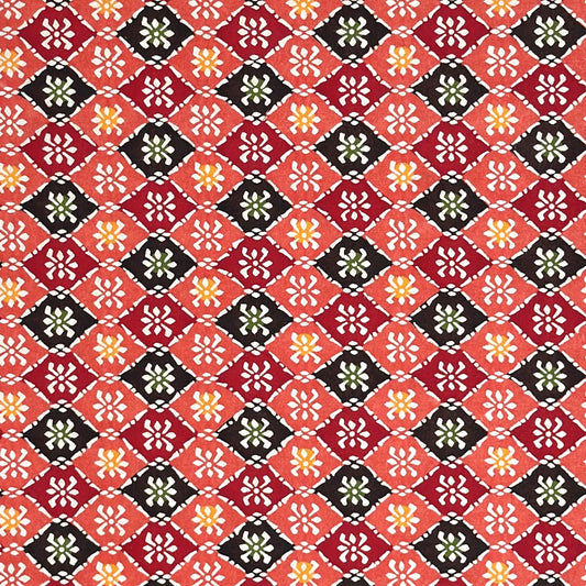 vintage katazome-shi stencil-dyed small papers from Japan. Japanese check pattern in coral pink, red and burgundy. 
