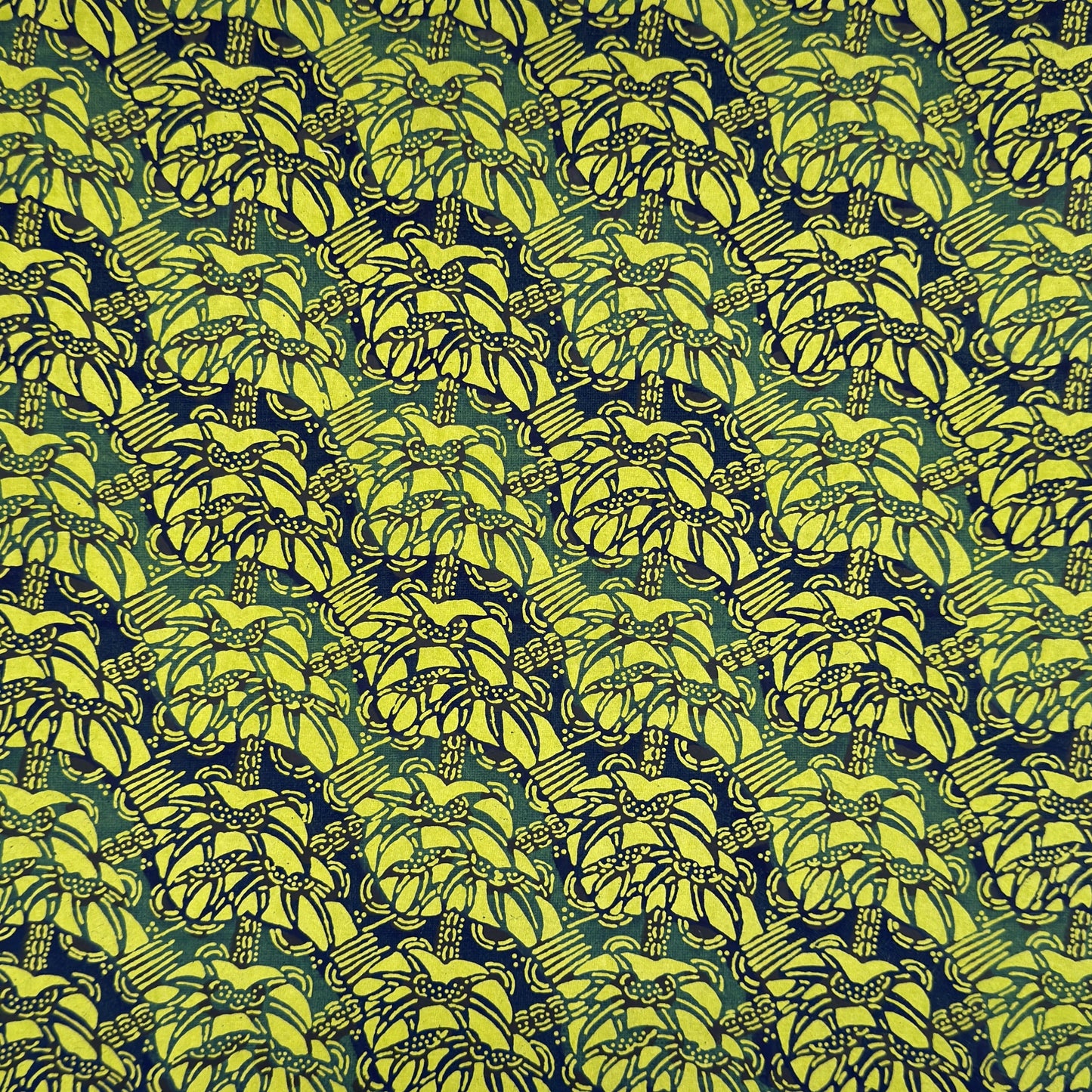 vintage katazome-shi stencil-dyed small papers from Japan. Lime green paper with dark green and blue Japanese botanical pattern. 