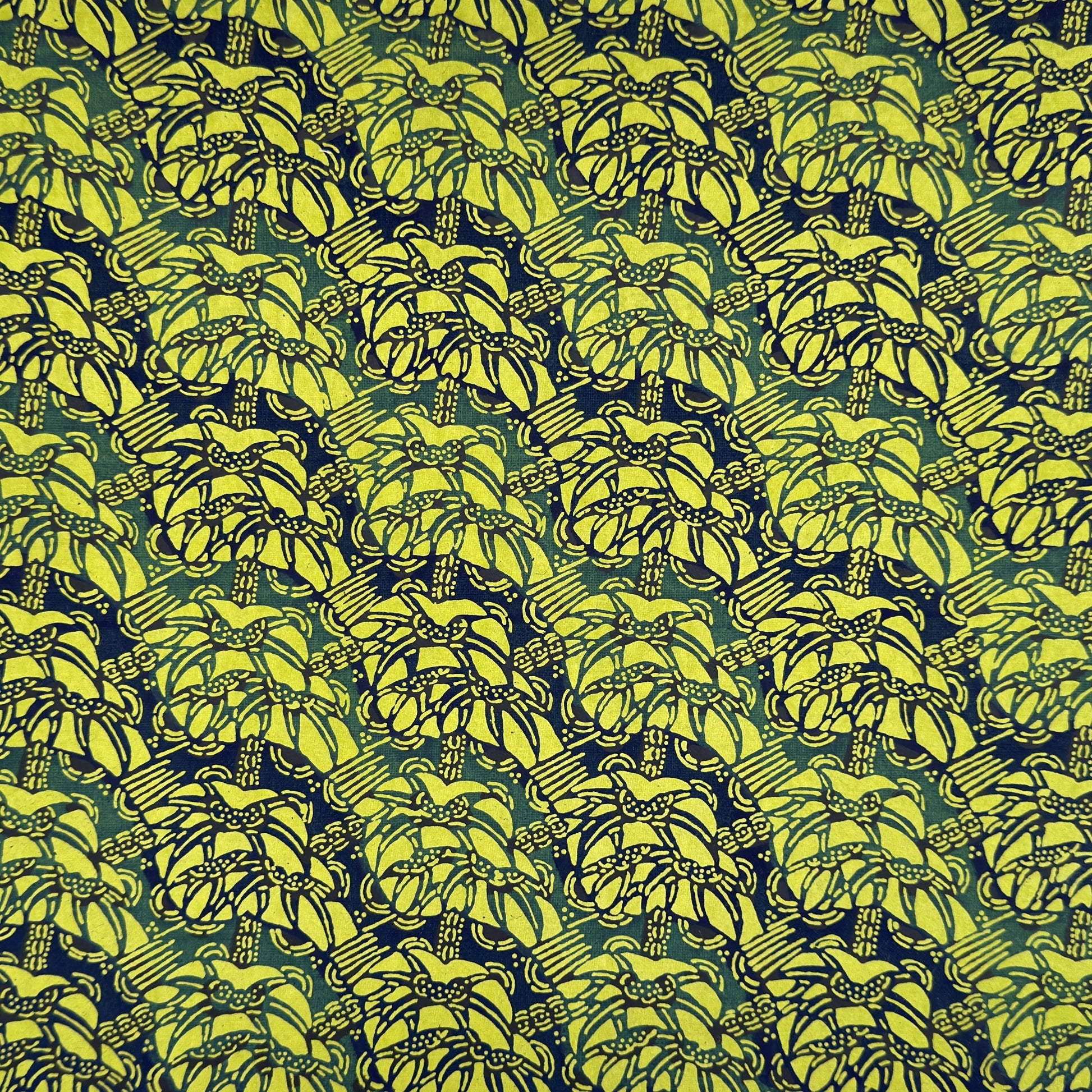 vintage katazome-shi stencil-dyed small papers from Japan. Lime green paper with dark green and blue Japanese botanical pattern. 