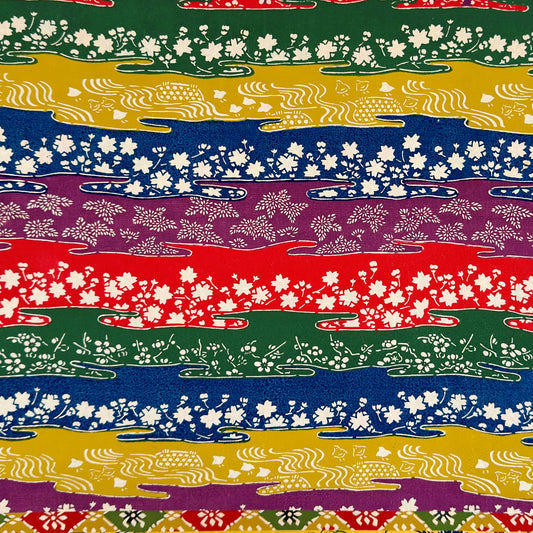 vintage katazome-shi stencil-dyed small papers from Japan. Stripes in green, yellow, blue, purple and red with cream Japanese motifs. 