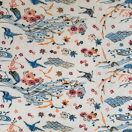 vintage katazome-shi stencil-dyed small papers from Japan. Cream paper with Japanese cranes in red, blue and green. 