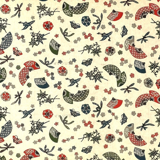 vintage katazome-shi stencil-dyed small papers from Japan. Cream paper with Japanese fan motifs in red, blue and green. 