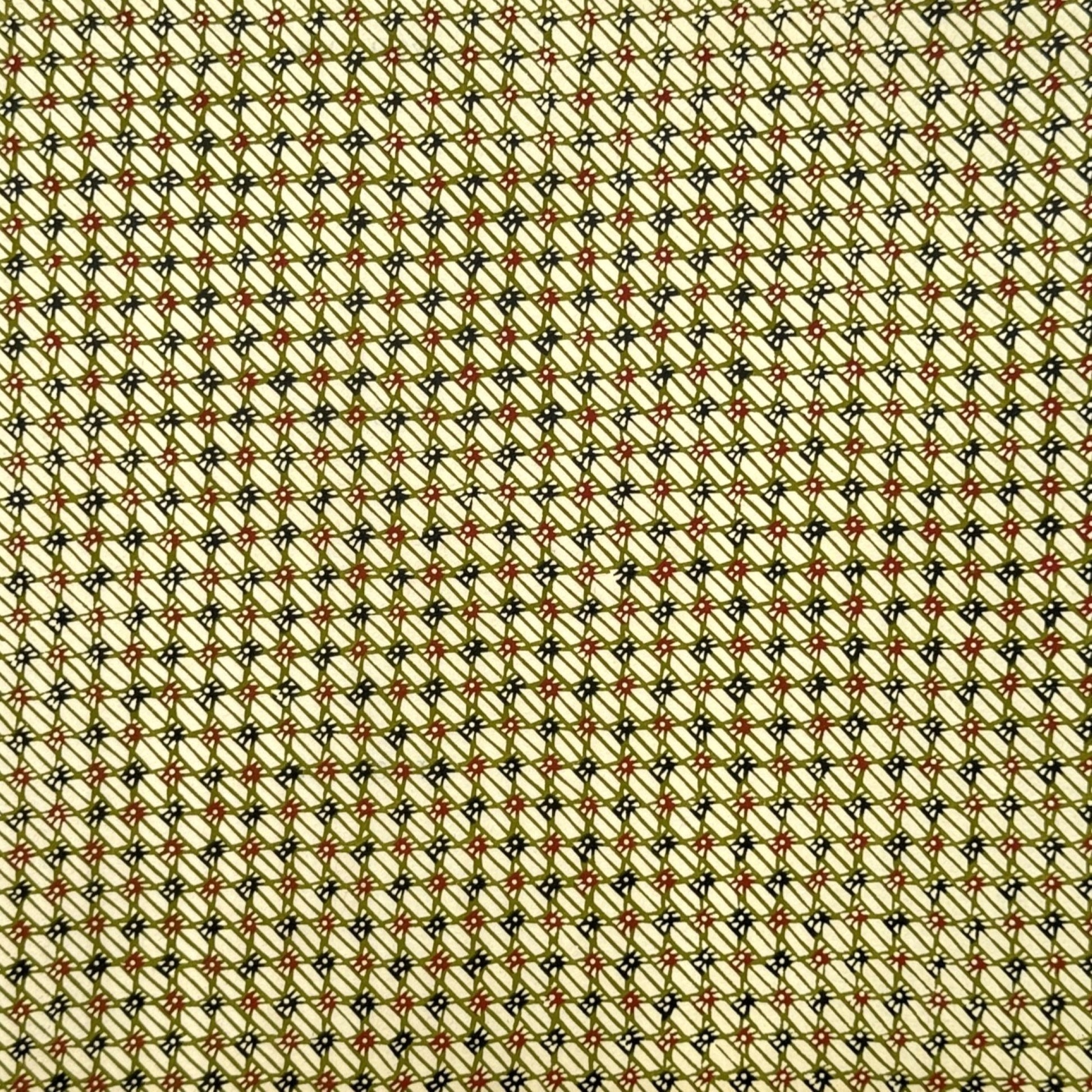 vintage katazome-shi stencil-dyed small papers from Japan. Cream paper with olive and red lattice pattern. 