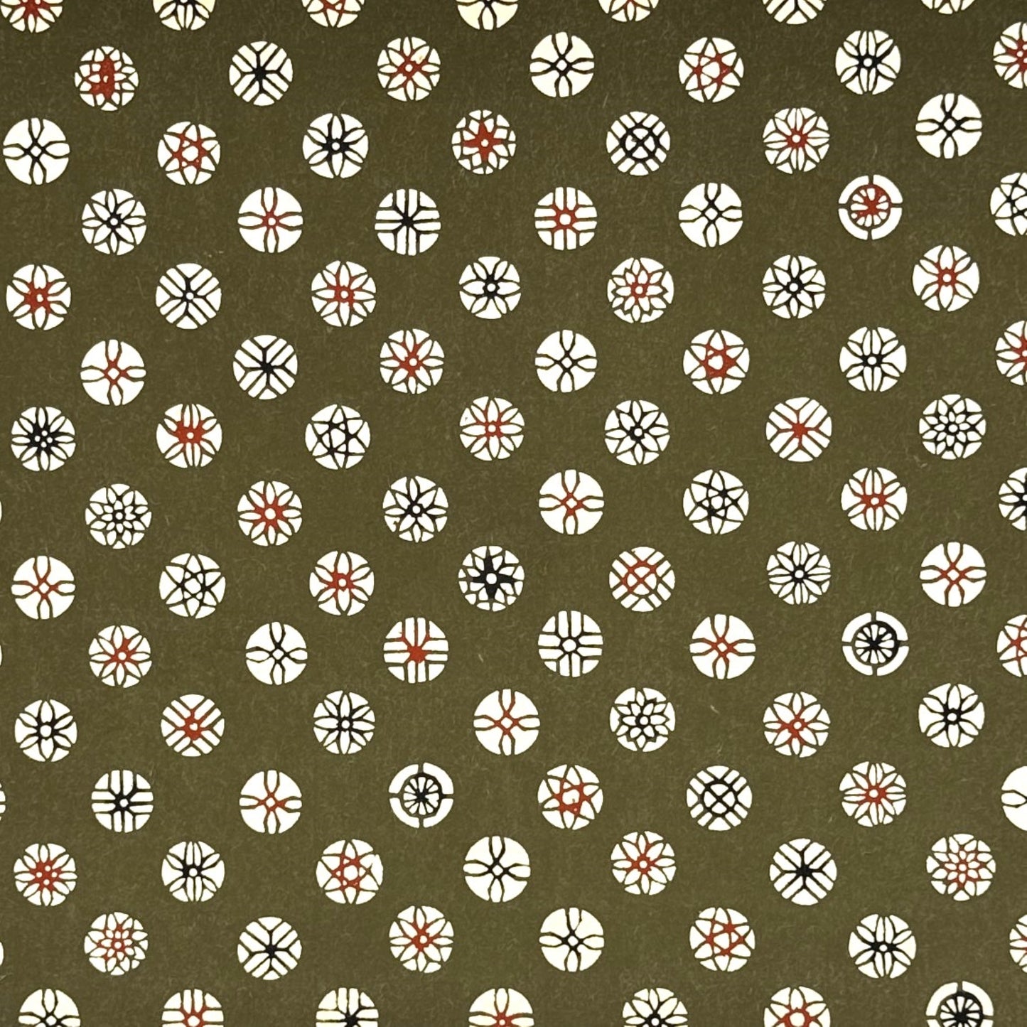 vintage katazome stencil dyed paper. Taupe paper with cream and red japanese circle motifs. 