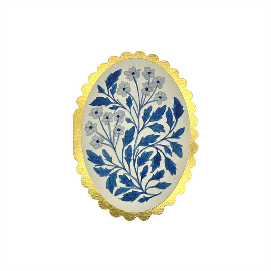 oval greetings card with a blue floral design and a gold foiled scalloped edge. By Wanderlust