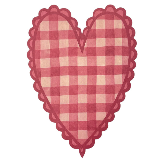 A heart shaped postcard with a red and pink gingham pattern. By Wanderlust