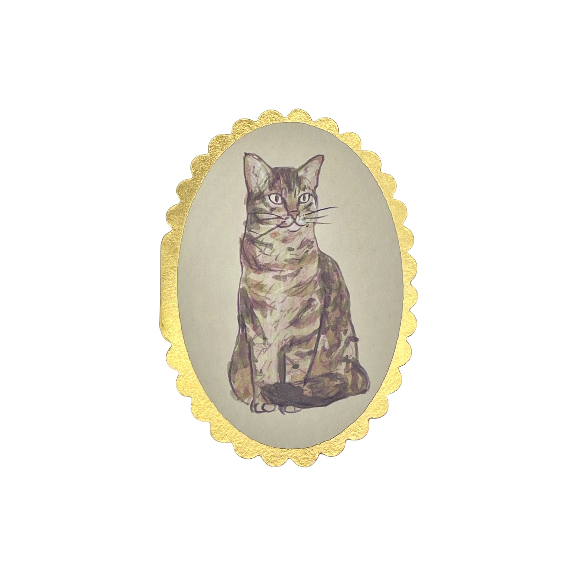 small oval greetings card with a drawing of a tabby cat.  the card has a gold foiled scalloped edge. By Wanderlust