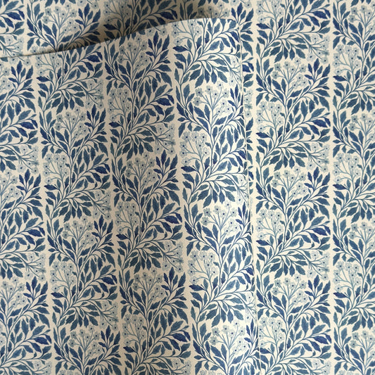 patterned paper / gift wrap with a delicate floral repeat pattern in blue on a ivory background.  By Wanderlust