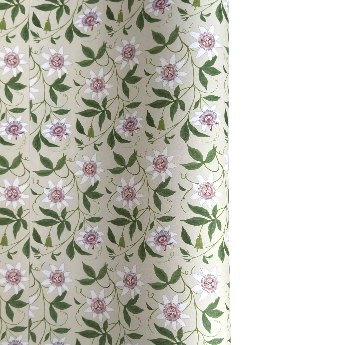 floral wrapping paper with pink passion flowers, green leaves on a cream background  