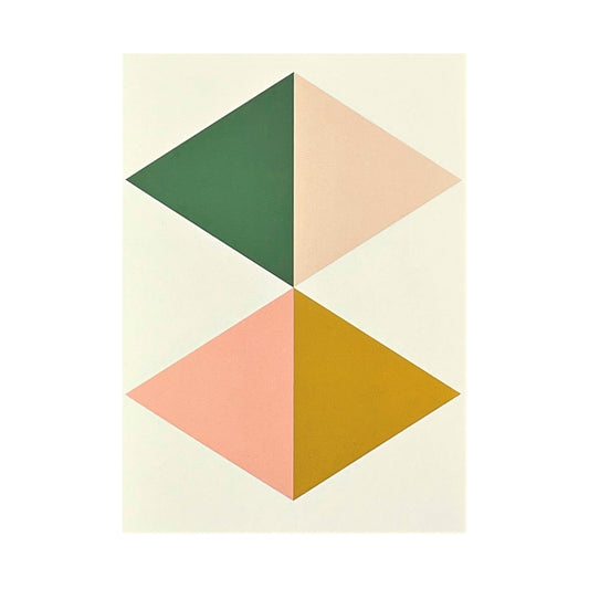 Greeting card with green, mustard, pink abstract triangles