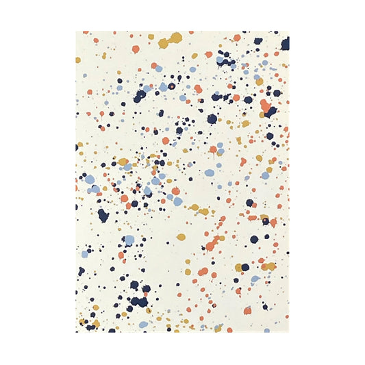 Greetings card with splatter of paint design in navy, pale blue, orange and mustard on ivory paper