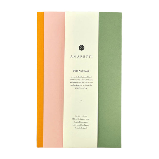 A lined notebook with striped block colours in mustard, rose and green by Amaretti Design