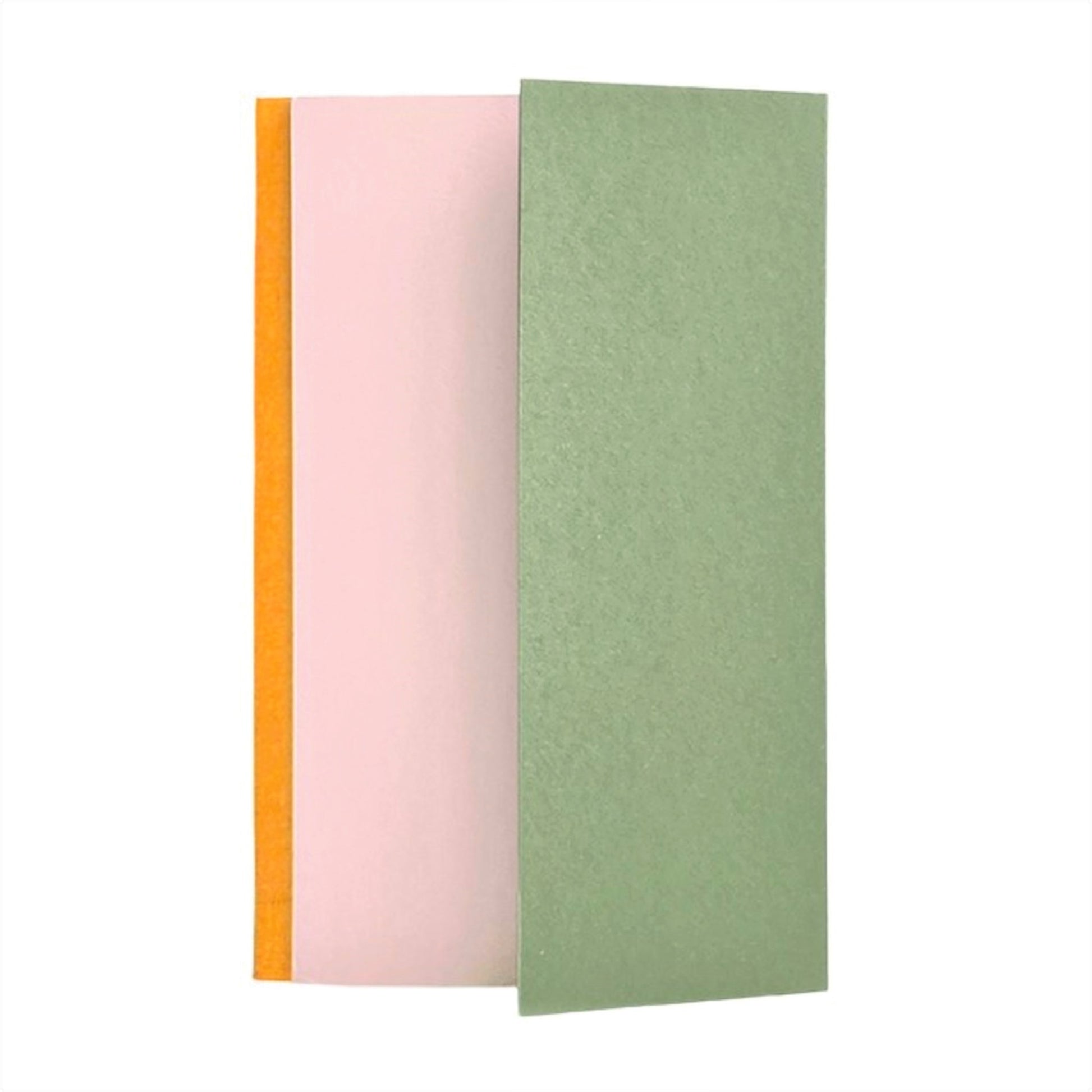 A lined notebook with striped block colours in mustard, rose and green, pictured showing the side fold that is used to protect the pages or as a place mark.