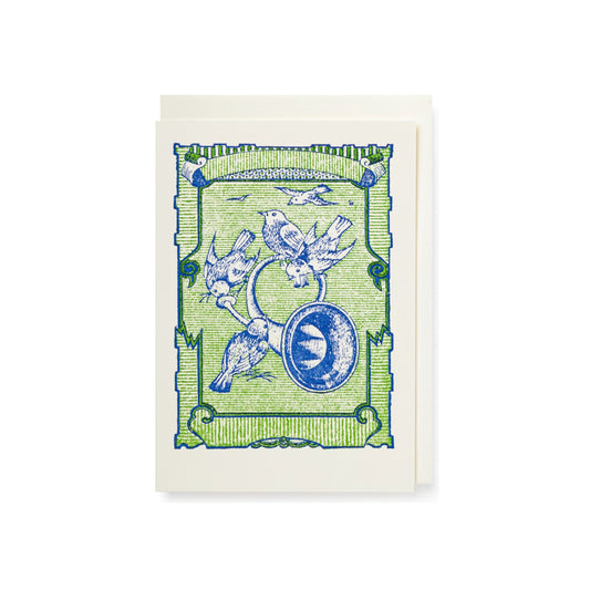 small greetings card with a bird and trumpet design in green and blue, by Archivist Gallery