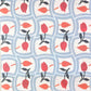 wrapping paper with repeat pattern on red tulips on a duck egg wavy grid backdrop by Artisan Deesign. Design Silver Studio