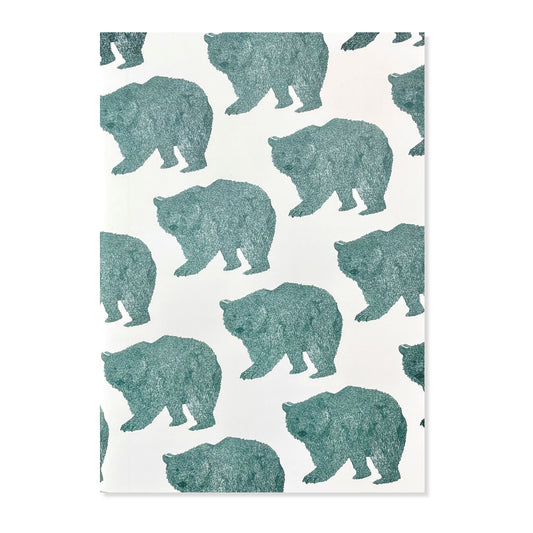 A5 slimline notebook with a delicate illustration of bears in teal on a ivory backdrop by Parisian brand Atelier Mouti