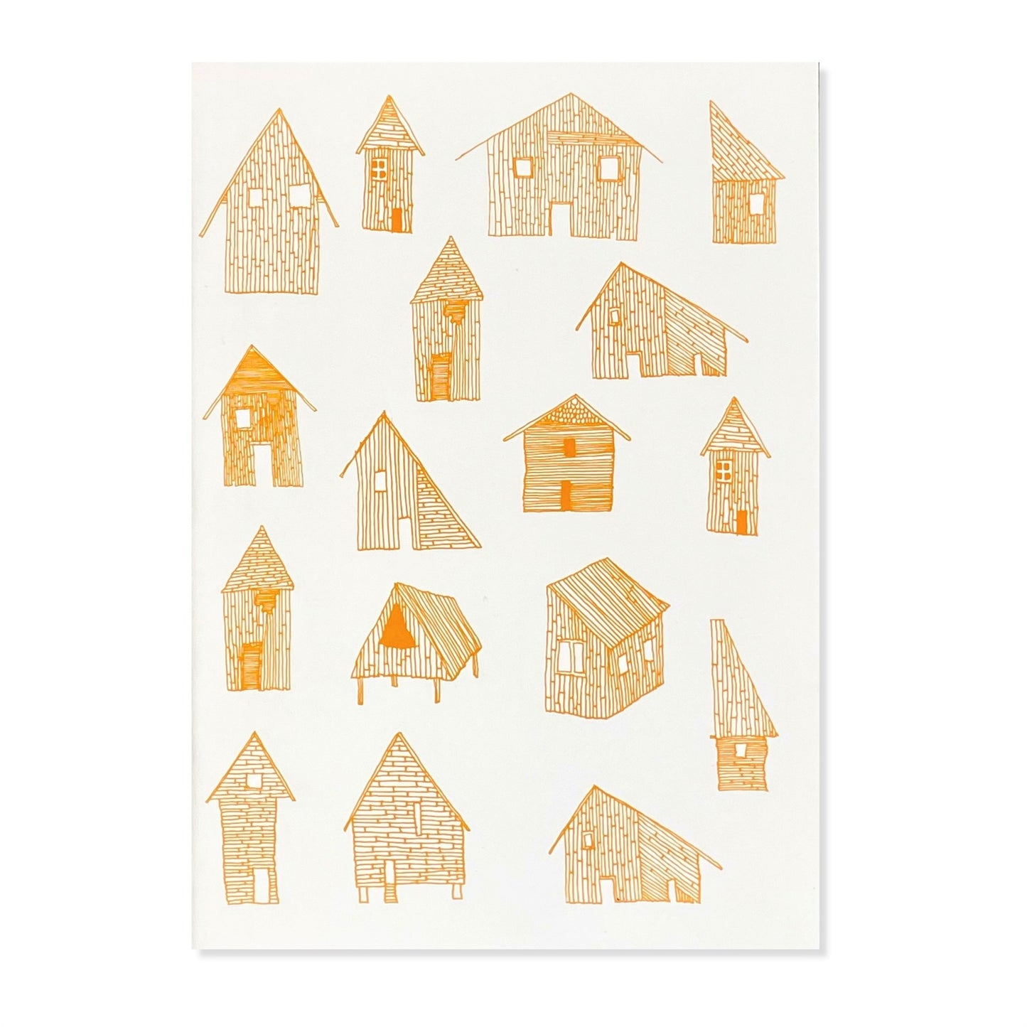 A5 slimline notebook with a delicate illustration of little houses in mustard yellow on a ivory backdrop by Parisian brand Atelier Mouti