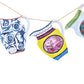 Set of 6 decorative jugs paper bunting, each jug is a different design and image shows 3 jugs in blue, yellow and white patterns