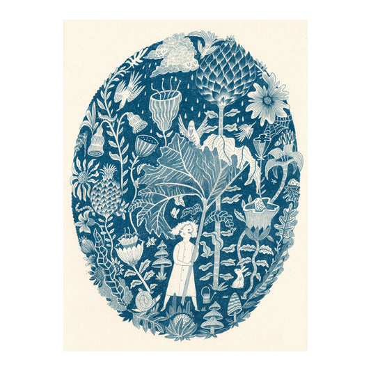 greetings card with a botanical wonderland theme in blue by Canns Down Press