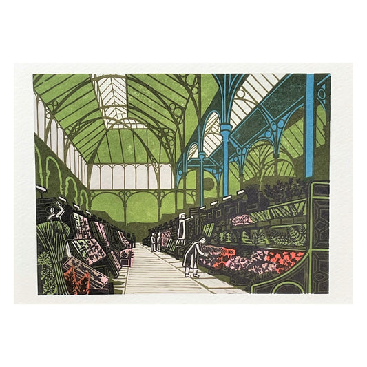 greetings card showing a drawing of covent garden flower market by Canns Down Press