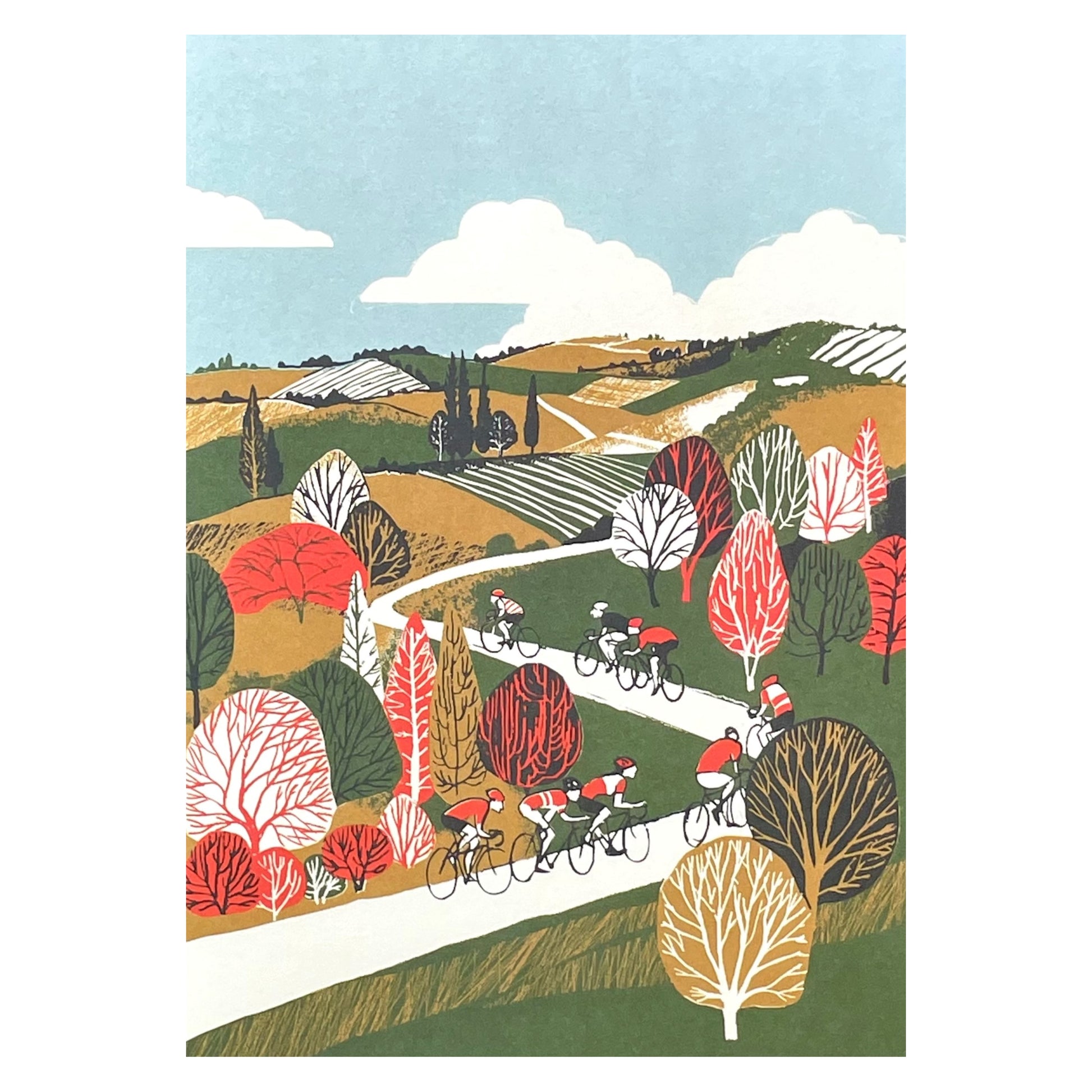 greetings card showing cyclists on a winding hilly road by Canns Down Press
