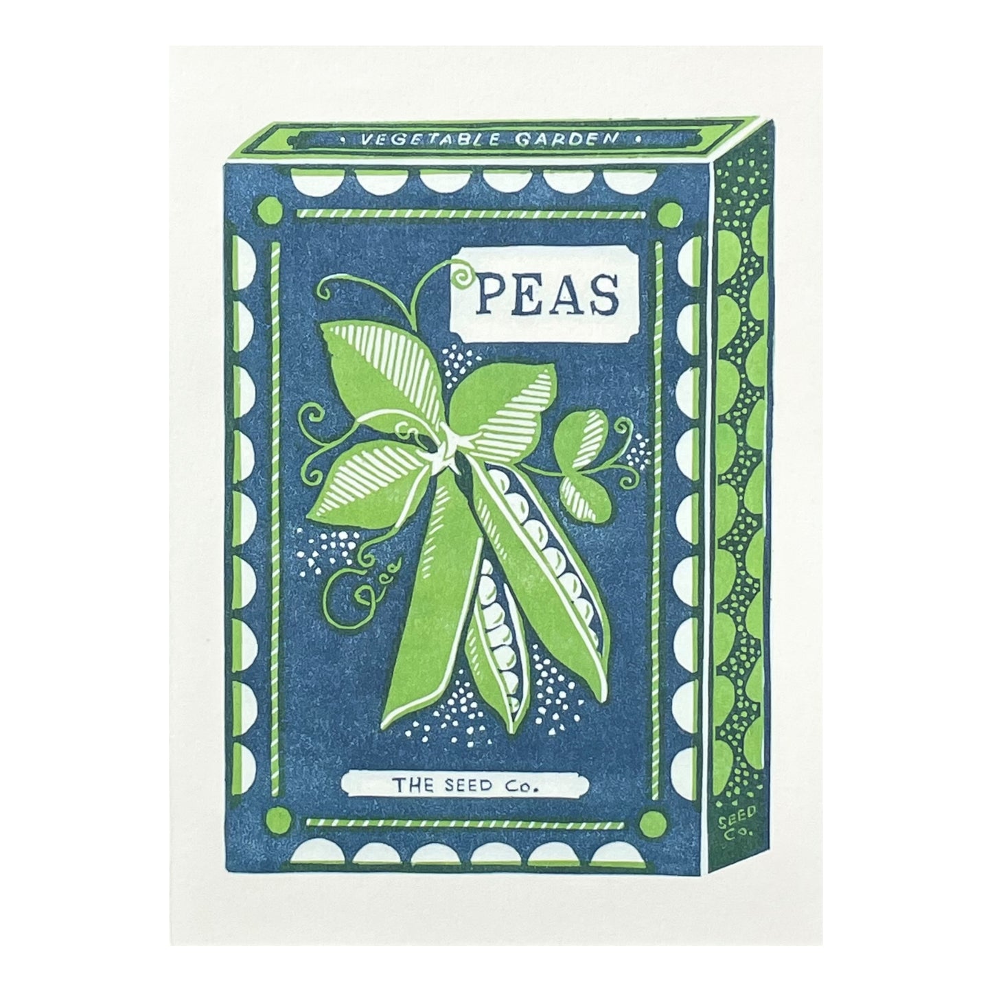 greetings card showing a blue and green vintage pack of peas by Canns Down Press