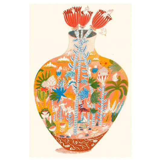 greetings card showing a vase with mythical botanical world inside by Canns Down Press
