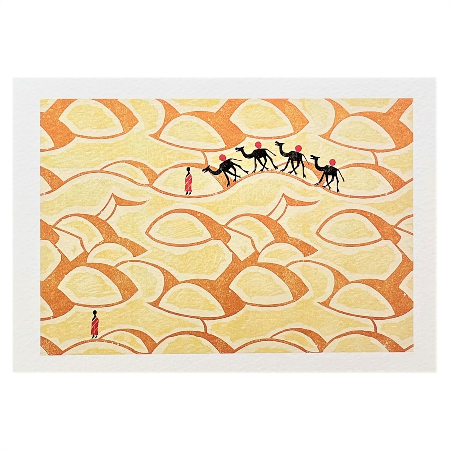 greetings card showing a stylised drawing of four camels in the desert by Canns Down Press