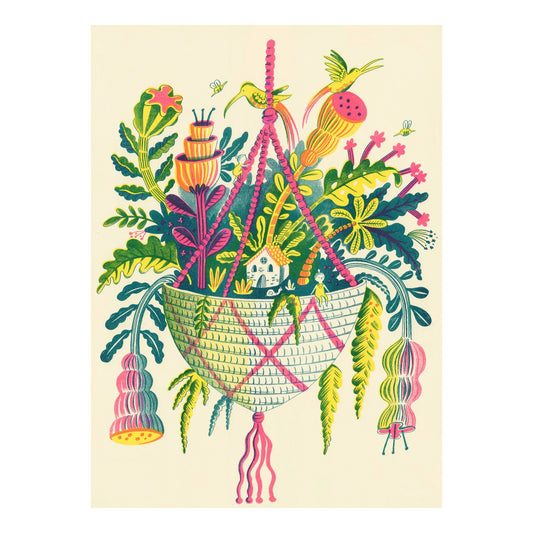greetings card showing a hanging basket with a mythical botanical world inside by Canns Down Press