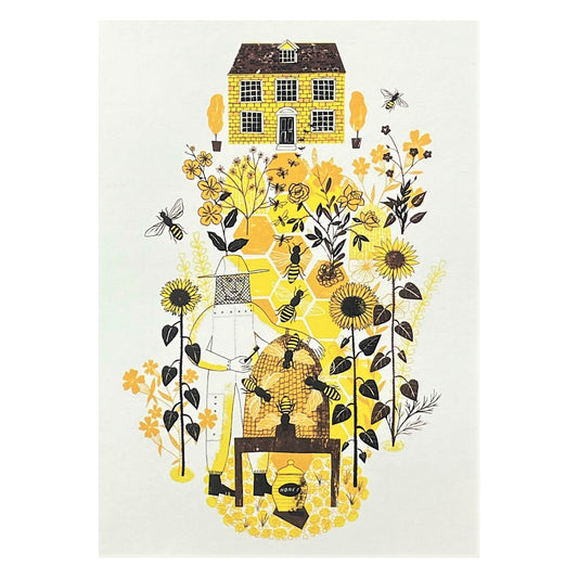 greetings card with a beekeeper and bee hive in a yellow painted garden by Canns Down Press