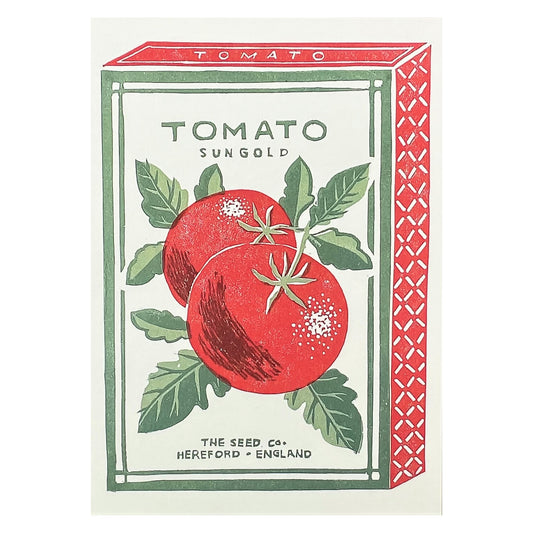 greetings card of a green and red vintage packet of tomato seeds by Canns Down Press