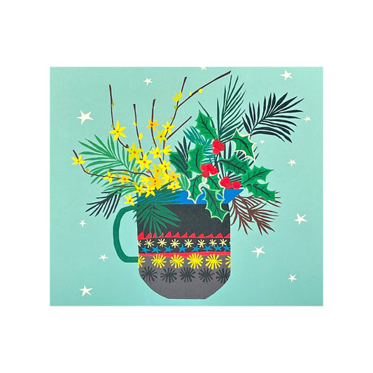 greetings card of a vase with holly and jasmine by CAnns Down Press