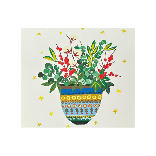 greetings card of a vase with winter flowers and berries by Canns Down Press