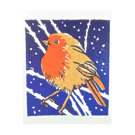 greetings card showing a red robin on a branch in the snow by Canns Down Press