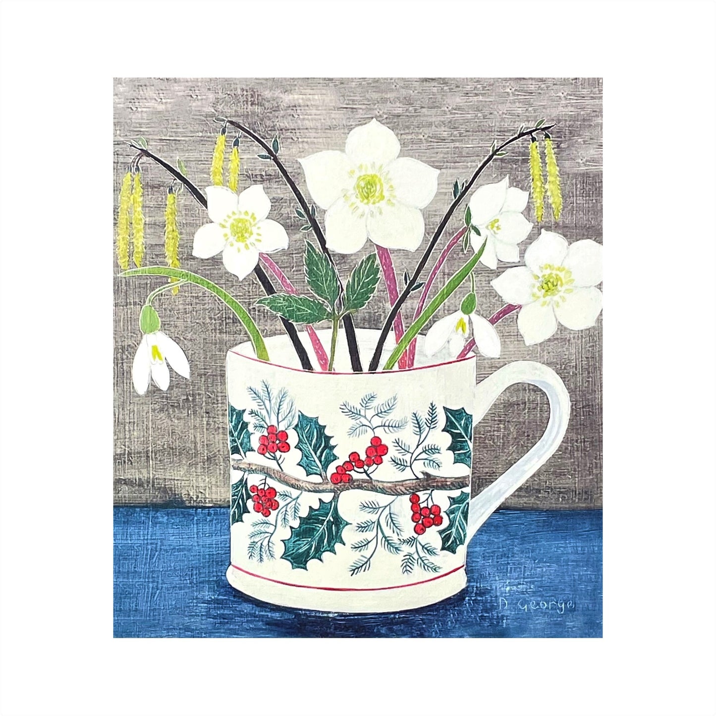 greetings card showing a decorated cup with hellebores inside by Canns Down Press