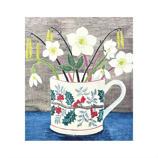 greetings card showing a decorated cup with hellebores inside by Canns Down Press