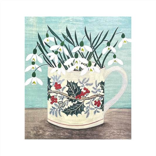 greetings card showing a decorated cup with snowdrops inside by Canns Down Press
