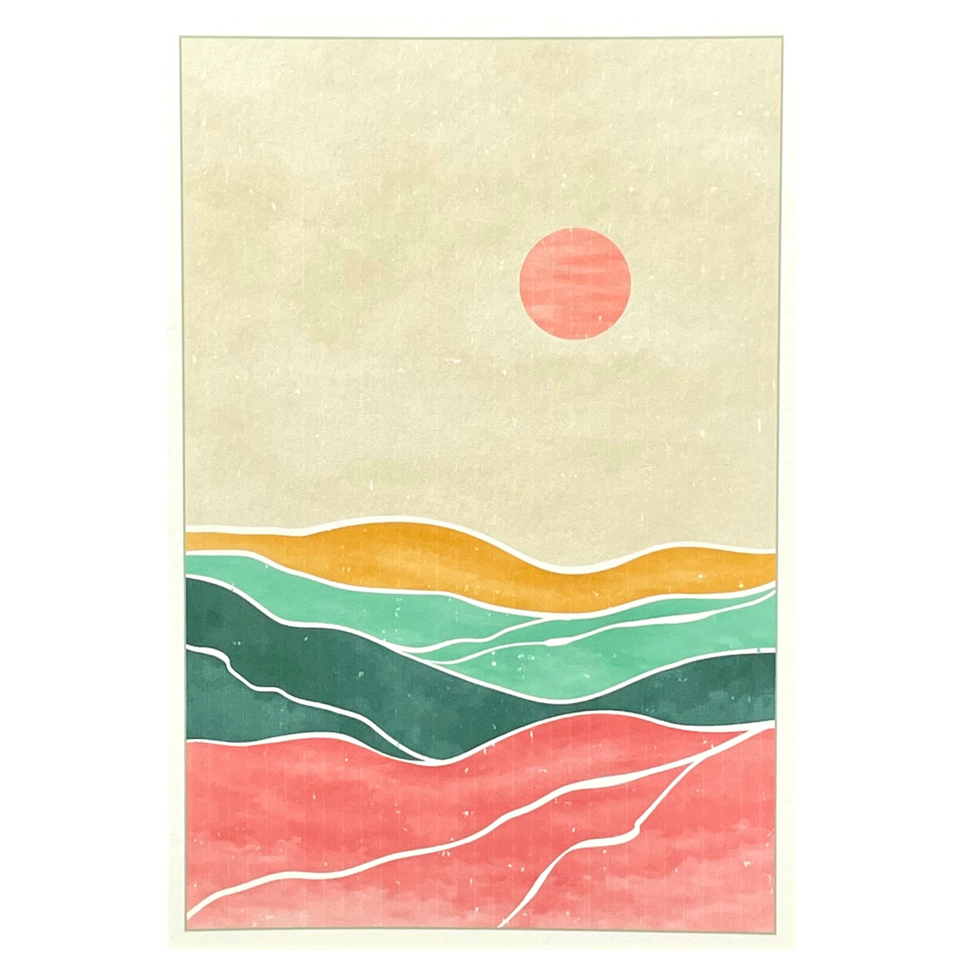 greetings card of a pink sun in the sky over a desert by com Bossa Studio