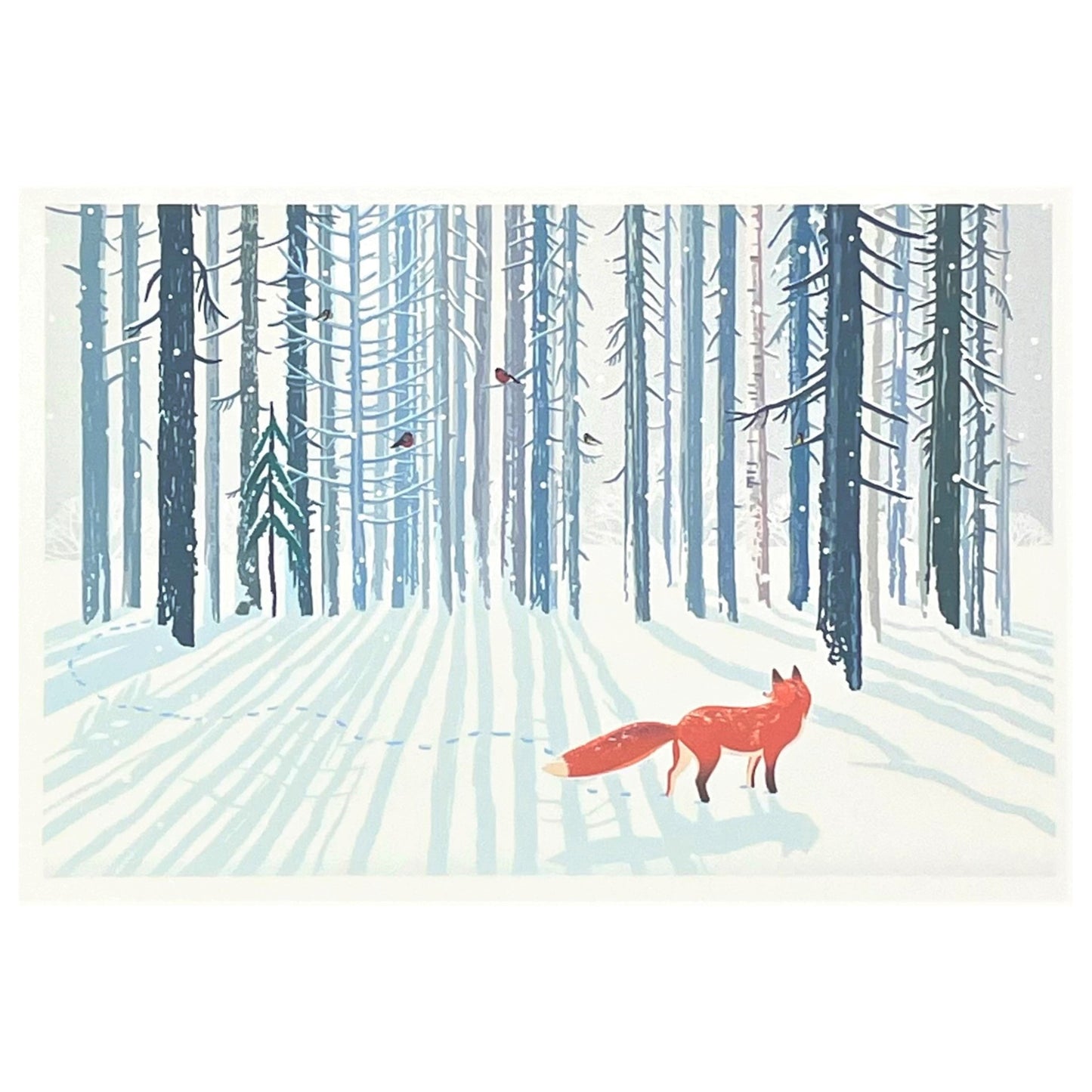 greetings card of a fox in a winter forest by Com Bossa Studio