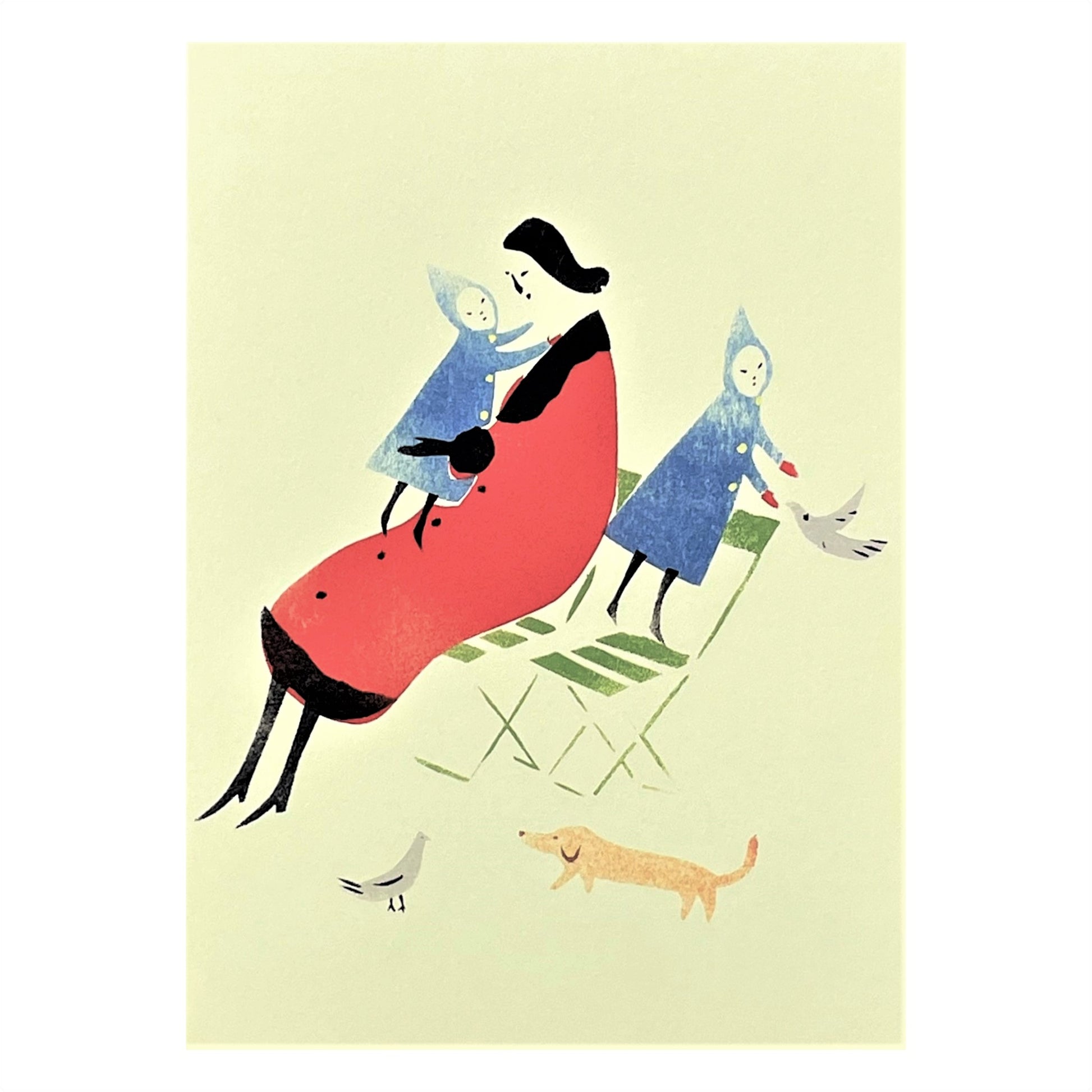 greetings card with drawing of mother and two children feeding the birds in a park by Elizabeth Harbour