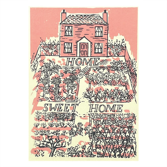 greetings card of a pink house and garden and the words home sweet home by Elizabeth Harbour