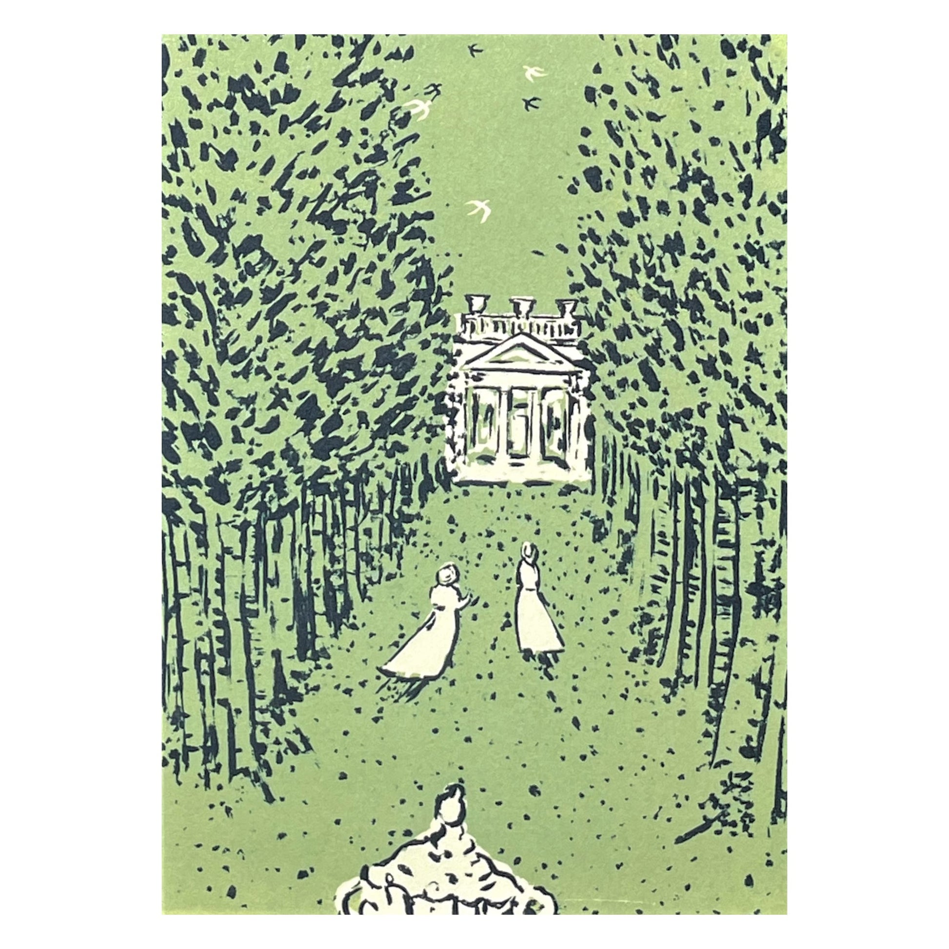 greetings card of a drawing of two women running up to a white summer house with green backdrop by Elizabeth Harbour