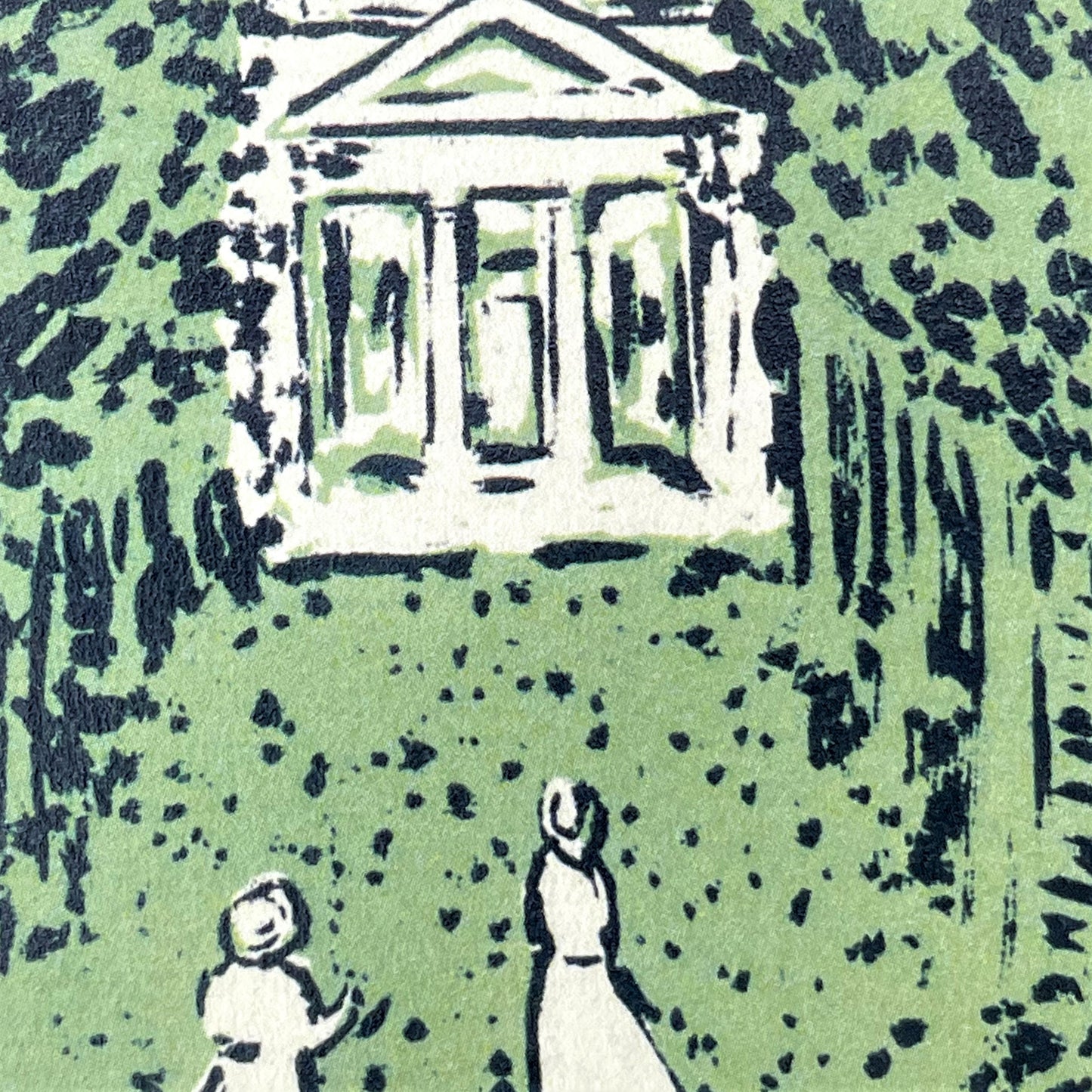 greetings card of a drawing of two women running up to a white summer house with green backdrop, close up of the summerhouse
